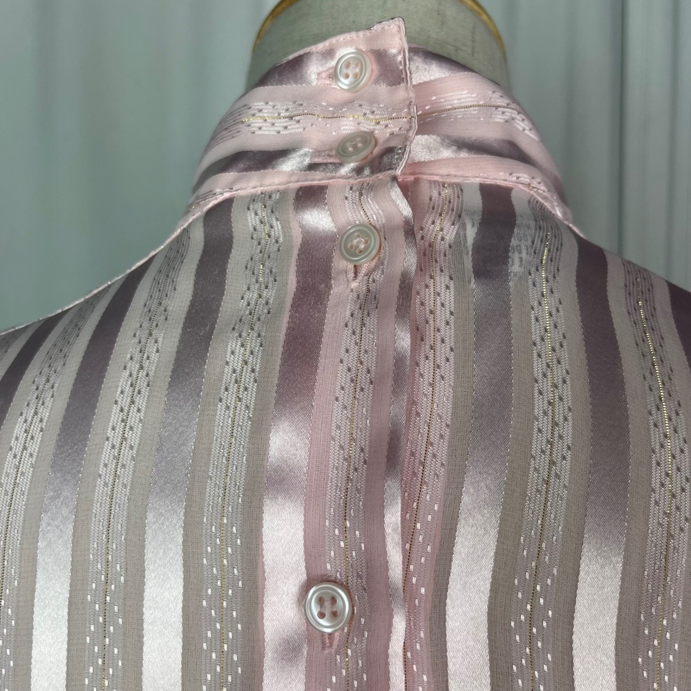 Vintage Nicola - Pink Striped Mock Neck Peplum Top Back Button Blouse - Size 4 - Picture 10 of 16